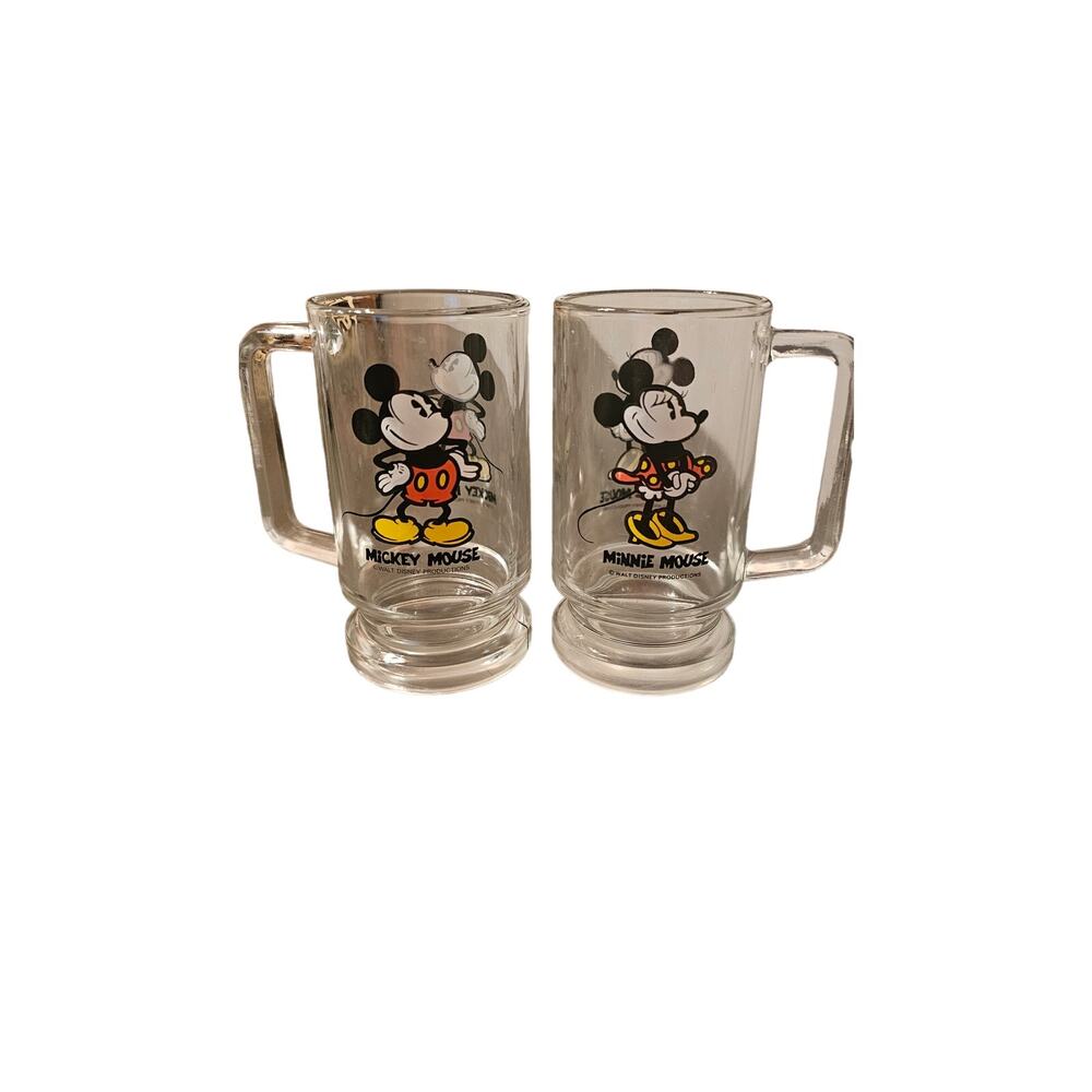 Vintage 1970s Disney  Mickey‎ Mouse and Minnie Mouse Clear Glass Stein